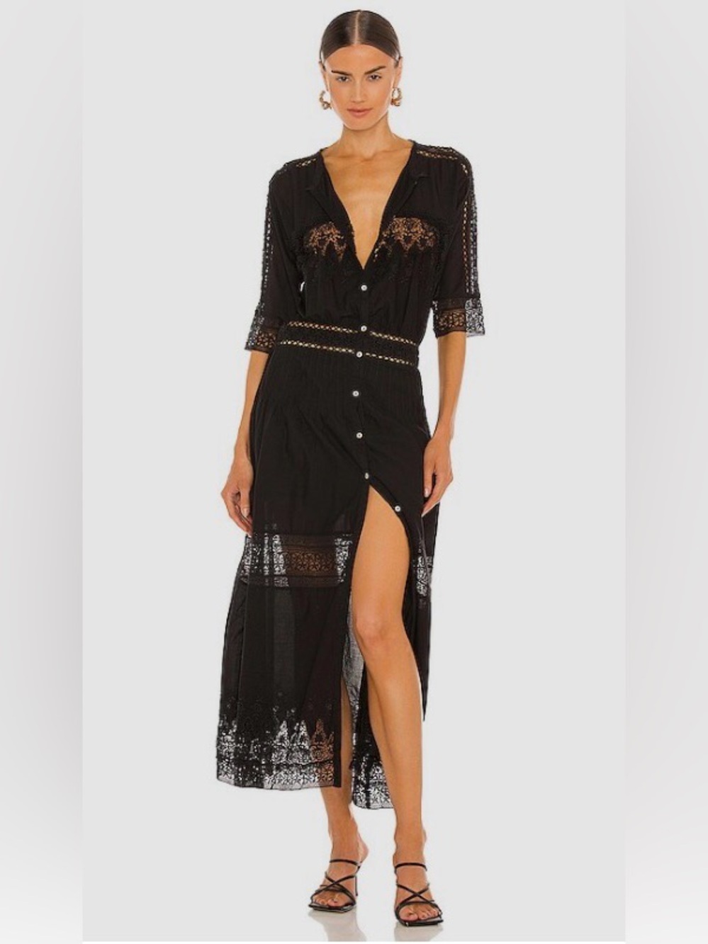 Love Shack Fancy Black Semi Sheer Dress With Crochet Detail Size Small